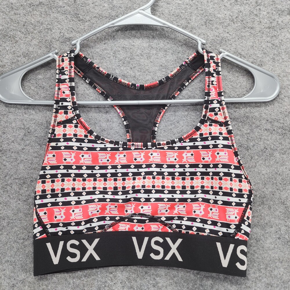 Victoria Secret VSX Sports Bra Womens Small Black Striped Athletic Logo